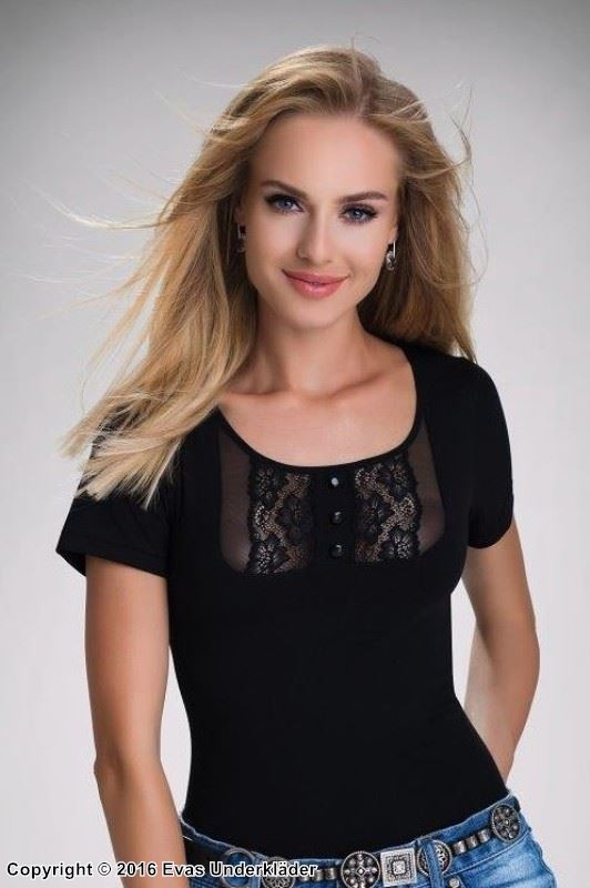 Short sleeve top, floral lace, mesh inlay